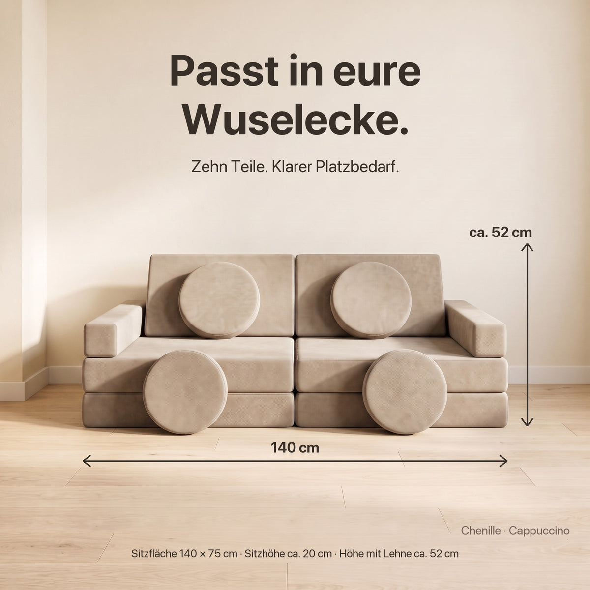 Passt in eure Wuselecke: Maße des Wuselsofa Basis, Sitzfläche ca. 140 × 75 cm, Sitzhöhe ca. 20 cm, Höhe mit Lehne ca. 52 cm, Chenille Cappuccino